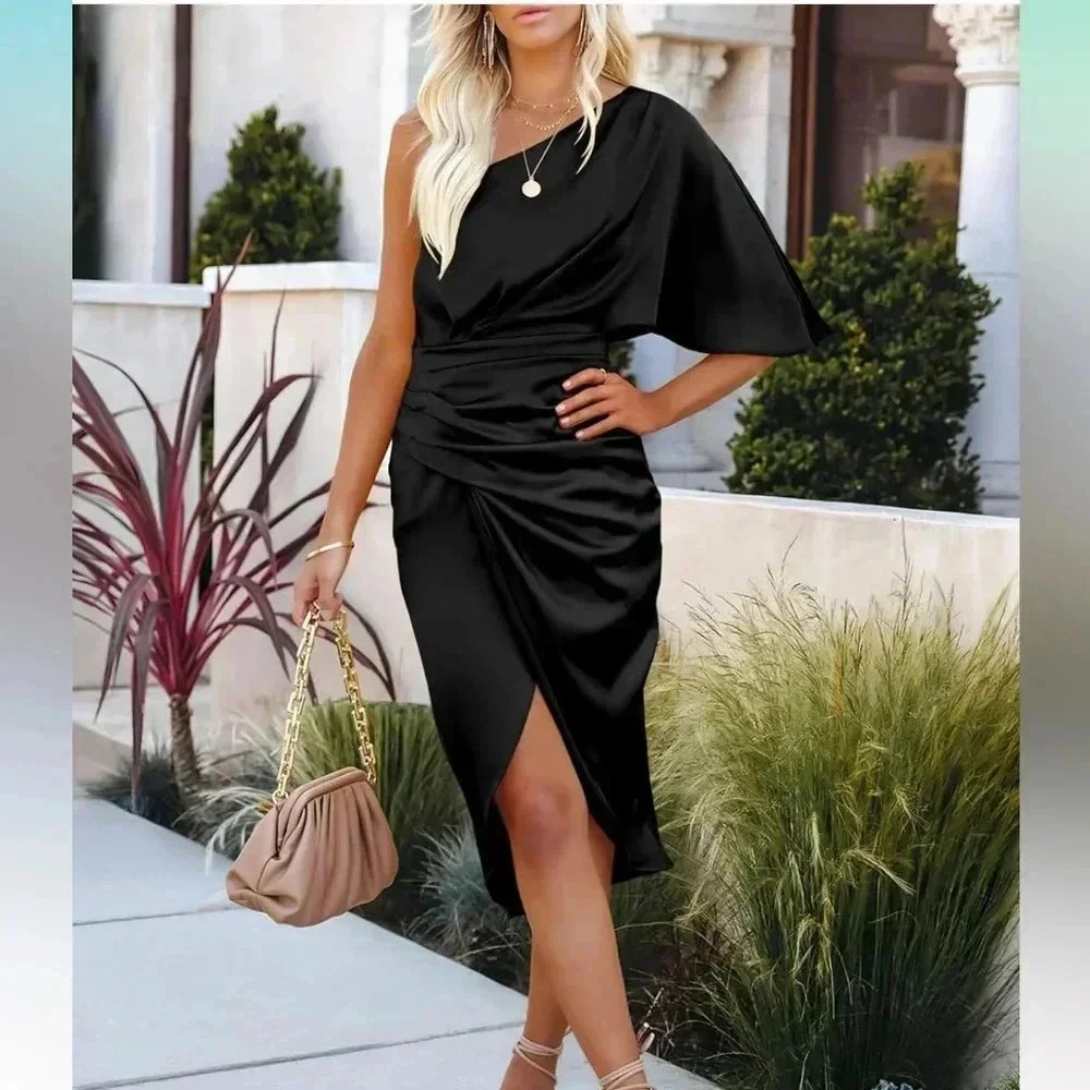 Satin One Shoulder Short Sleeve Ruched Bodycon Midi Dress NWOT size M